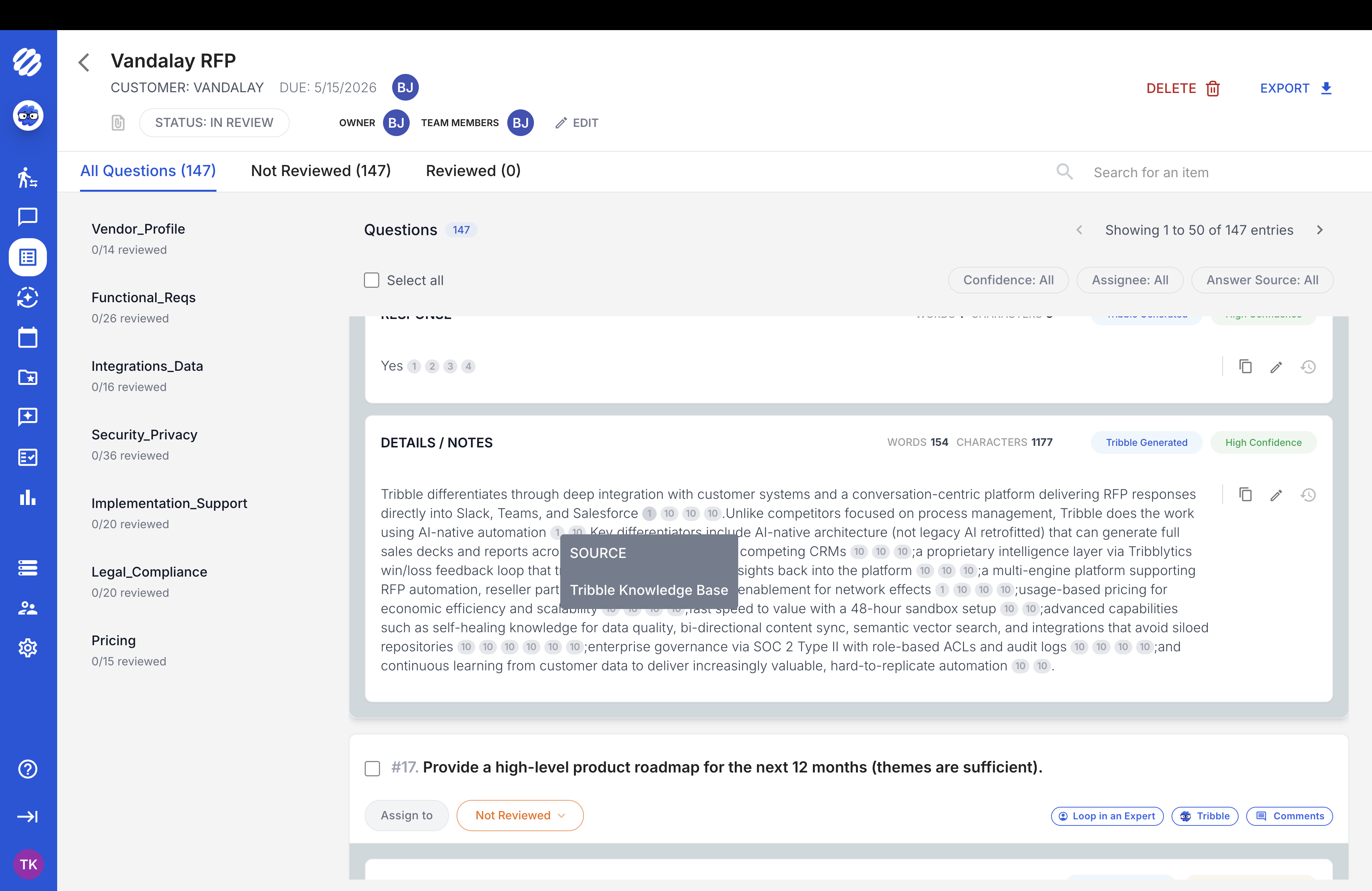 A drafted DDQ answer with its source documents listed